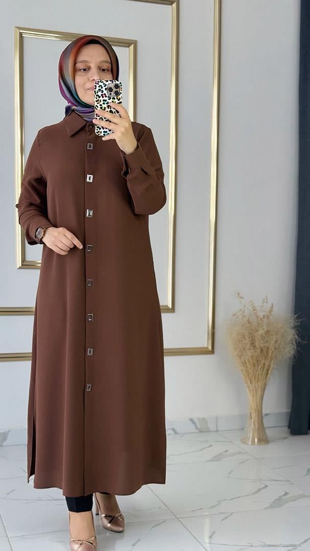 Çıtçıtlı Uzun KoyuKahve Tunik FRY