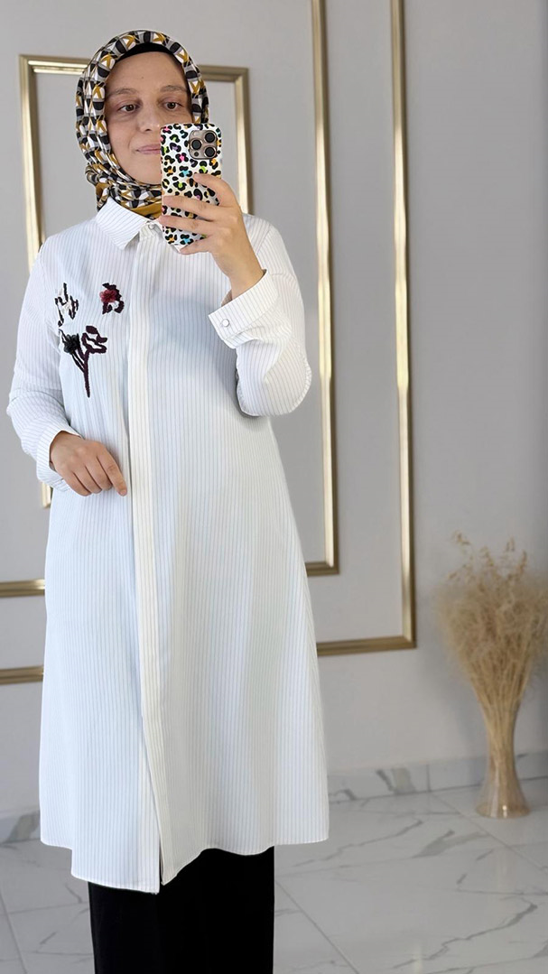 Çizgili Nakışlı Beyaz Tunik FRY 