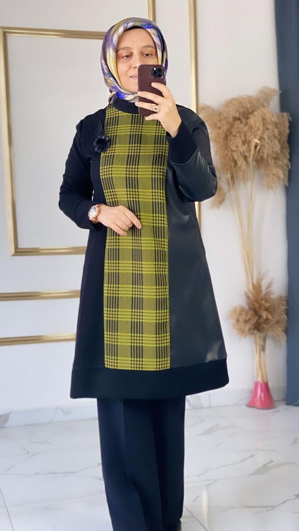 Ekose Broşlu Yeşil Renk Tunik FRYA1229 