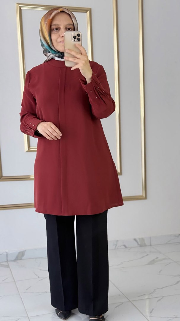 Kolları Pike ve İncili Kiremit Tunik