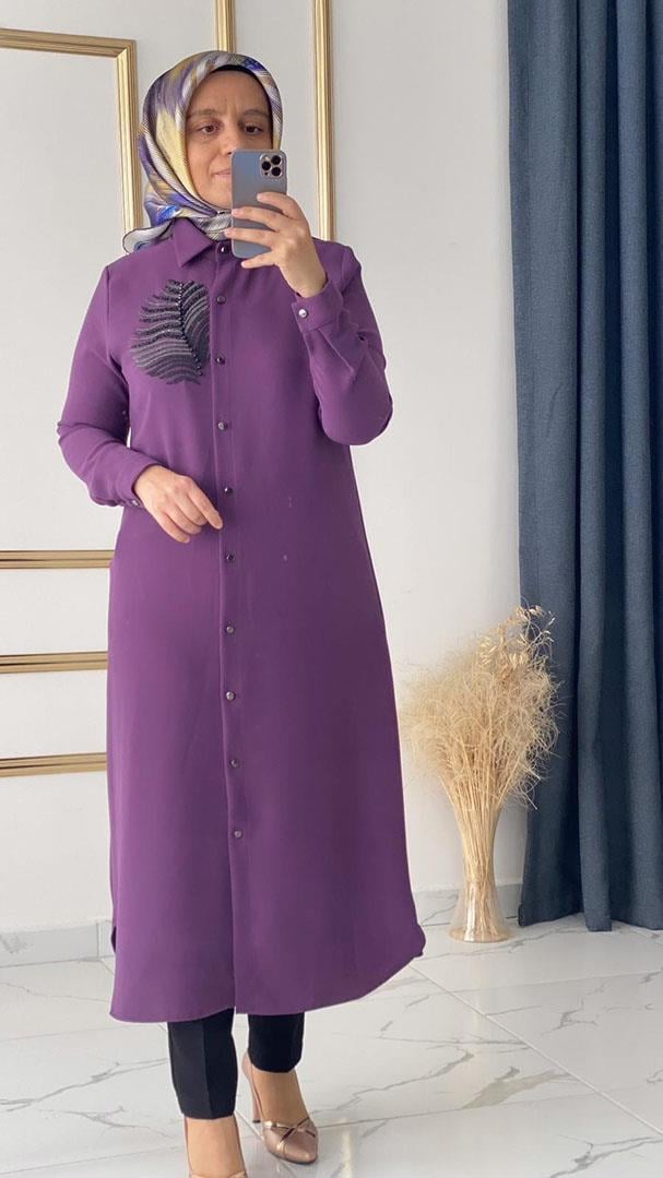 Yaprak Taş Detaylı Krep Violet Tunik FRY