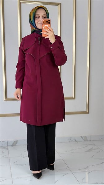 Boncuk Broş Detaylı Bordo Tunik FRY 