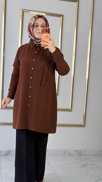 Boncuk İşlemeli Kahverengi Tunik FRY