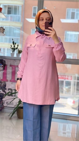 Cep Taş Detaylı Pembe Tunik FRY 