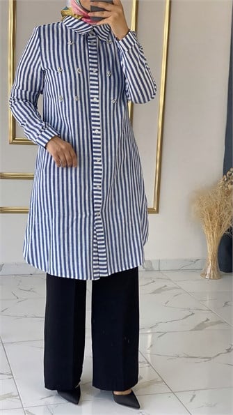 Çizgili Taş Detaylı Mavi Tunik FRY