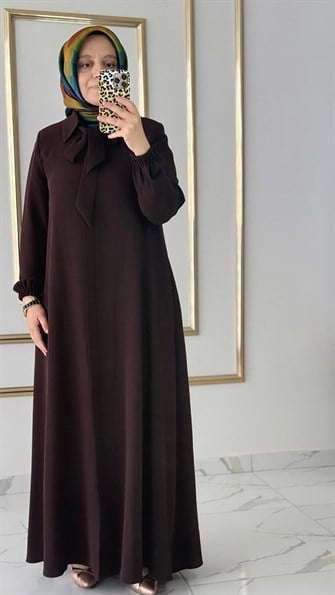 Fular Detaylı Kahverengi Ferace FRY