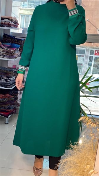 Ribanalı Uzun Krep Yeşil Tunik FRY
