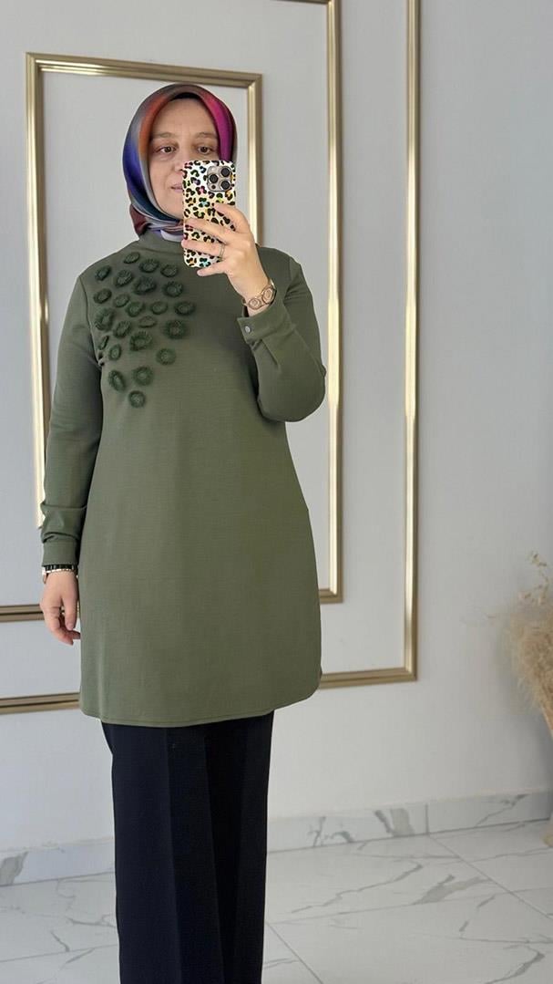Çiçek Detaylı Haki Tunik FRY