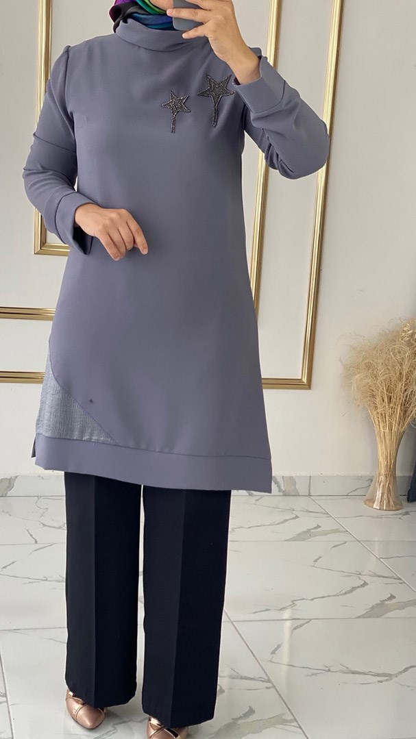 Çift Yıldız Detaylı Gri Tunik FRY