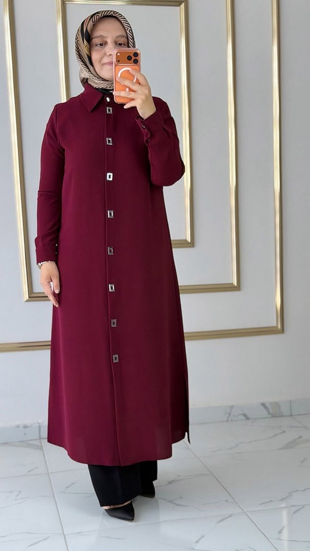 Çıtçıtlı Uzun Bordo Tunik FRY