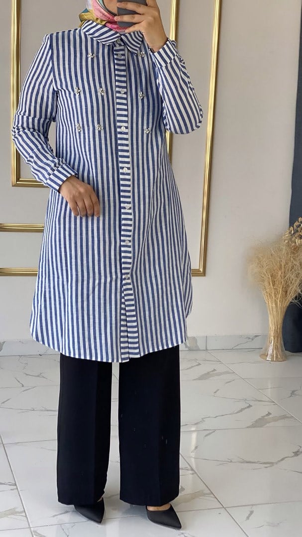 Çizgili Taş Detaylı Mavi Tunik FRY