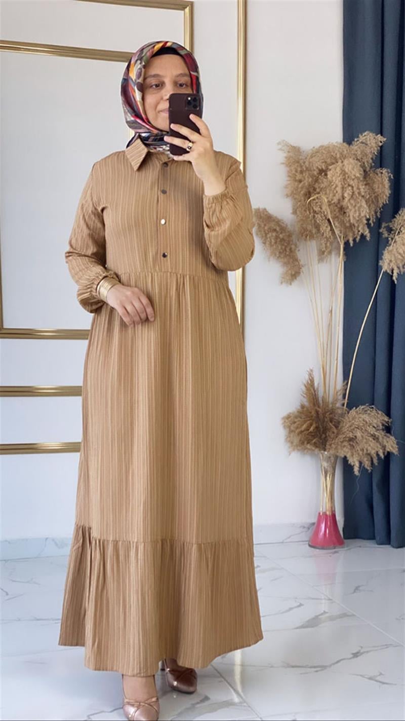 ÇÖ Galeta Büzgülü Camel Elbise FRY1386
