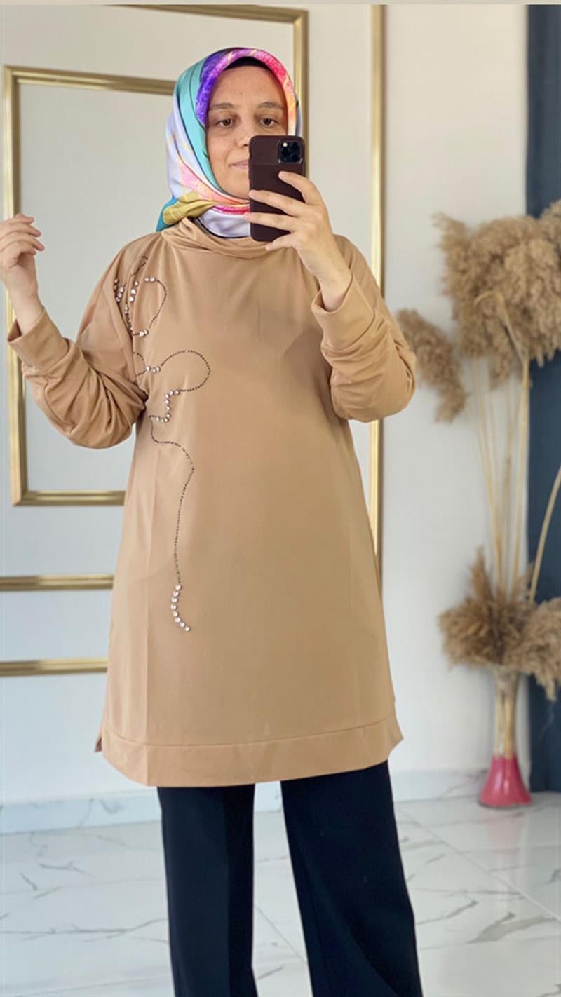 ÇÖ İnci ve Taş Detaylı Yazlık Camel Tunik FRY