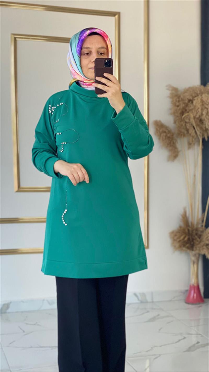 ÇÖ İnci ve Taş Detaylı Yazlık Yeşil Tunik FRY