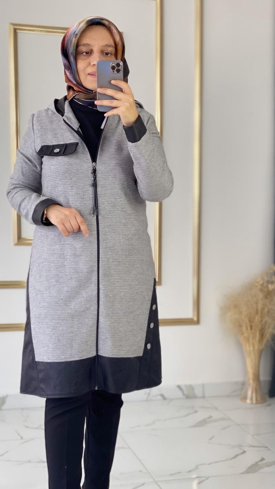 Deri Detaylı Triko Gri Ceket FRY