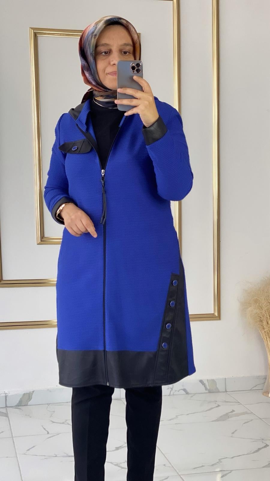 Deri Detaylı Triko Mavi Ceket FRY