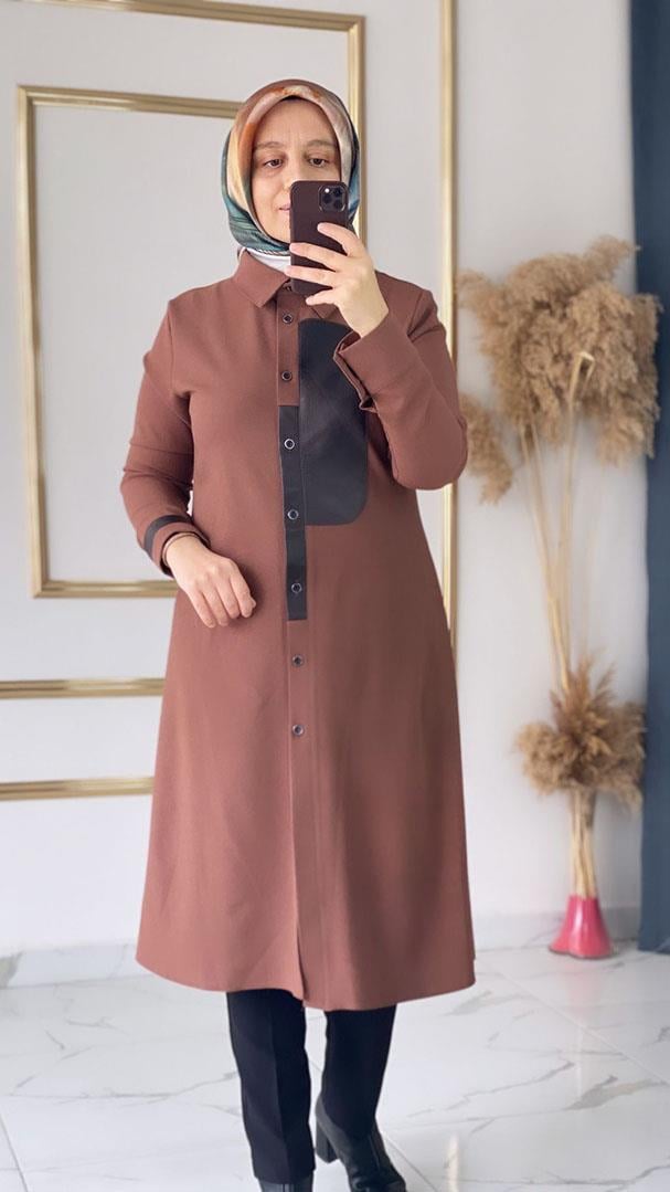 Deri Detaylı Zarif Taba Tunik FRY