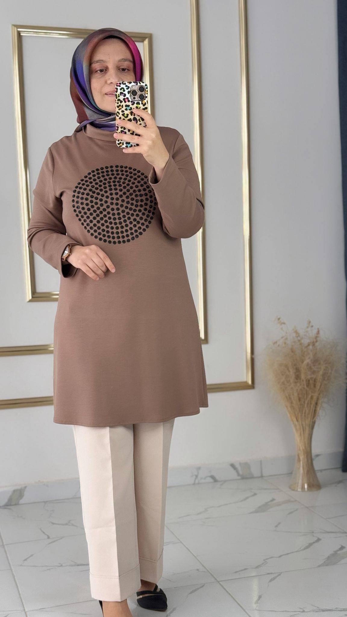 Deri ve İncili Latte Tunik FRY