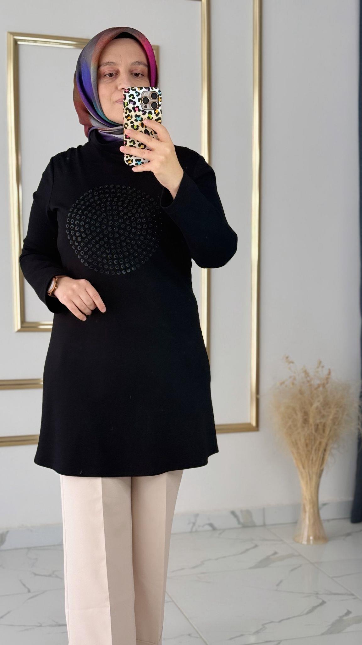 Deri ve İncili Siyah Tunik FRY