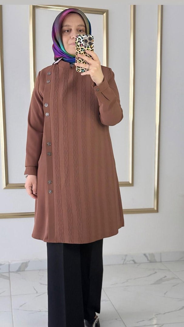 Düğme Detaylı Kahverengi Tunik FRY 
