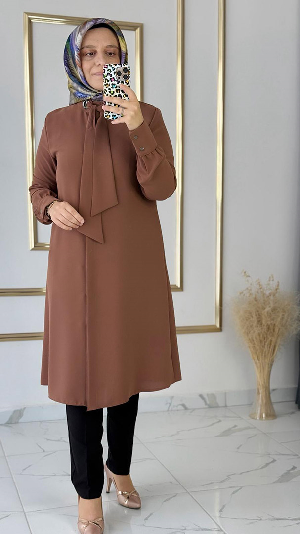 Fular Detaylı Kahve Tunik FRY