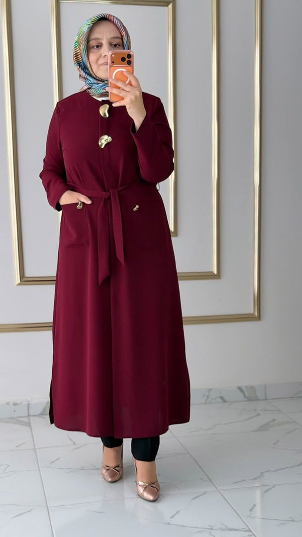 Gold Detaylı Kemerli Bordo Giyçık FRY