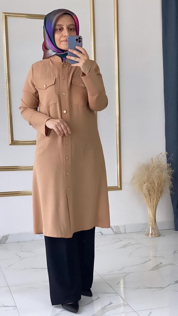 Gold Düğme Detaylı Camel Tunik FRY