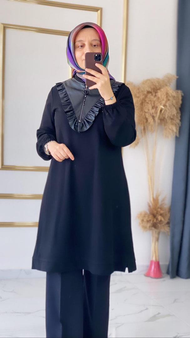 Haya Deri Detaylı Örme Krep Tunik FRY