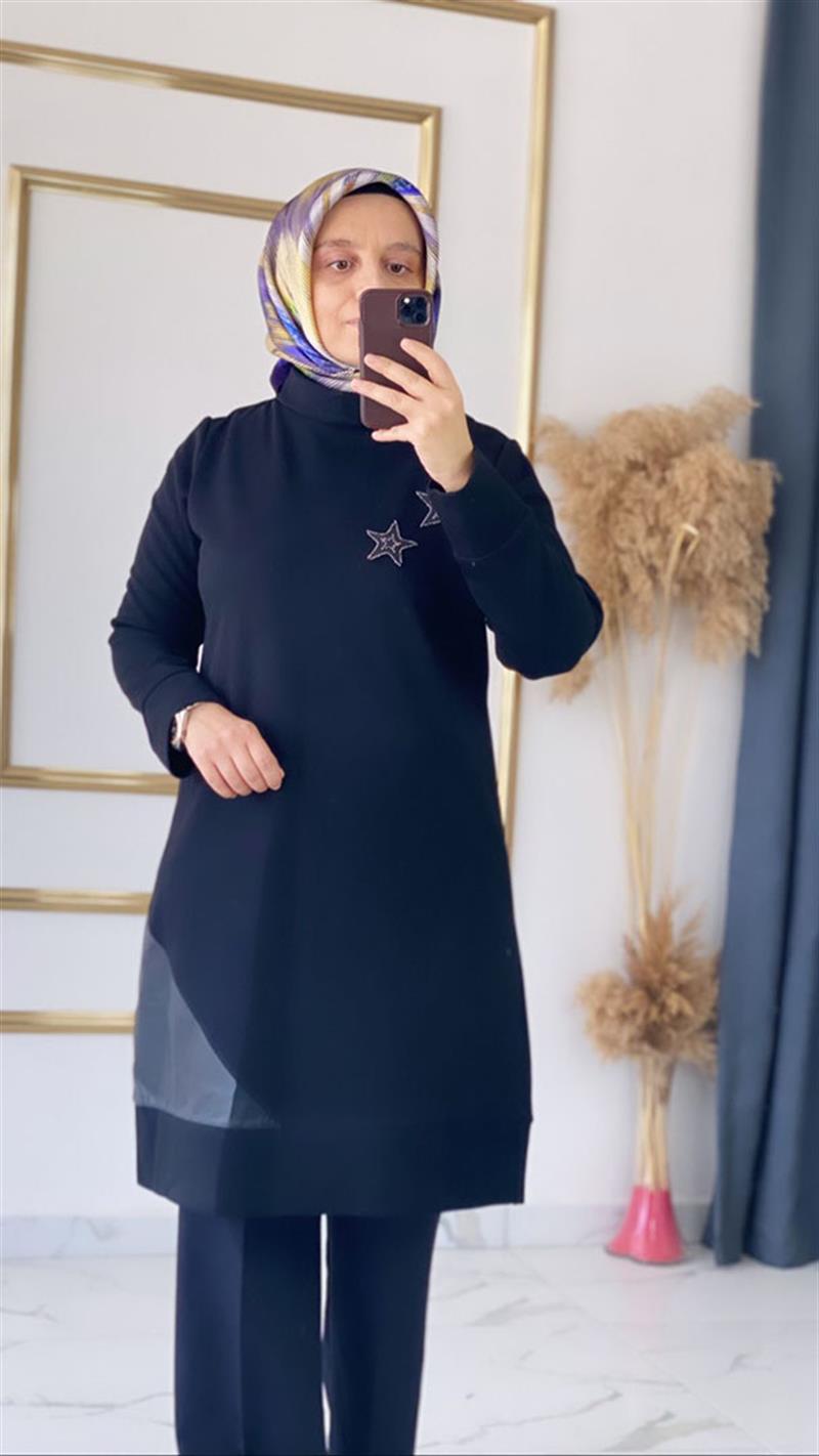Haya Deri ve Yıldız Detaylı Siyah Tunik FRYA1214