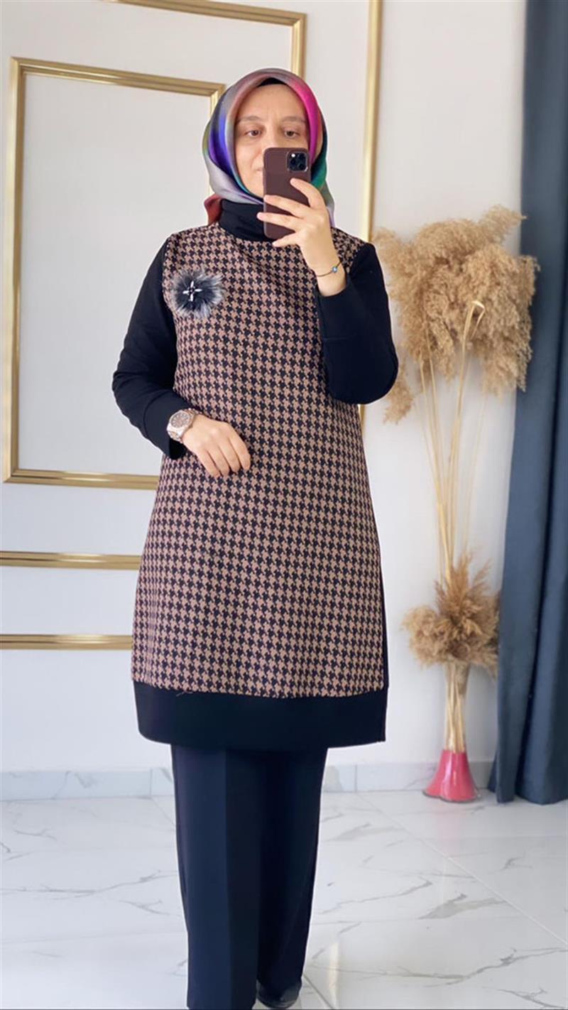 Haya Kazayağı Broşlu Kahverengi Tunik FRYA1223