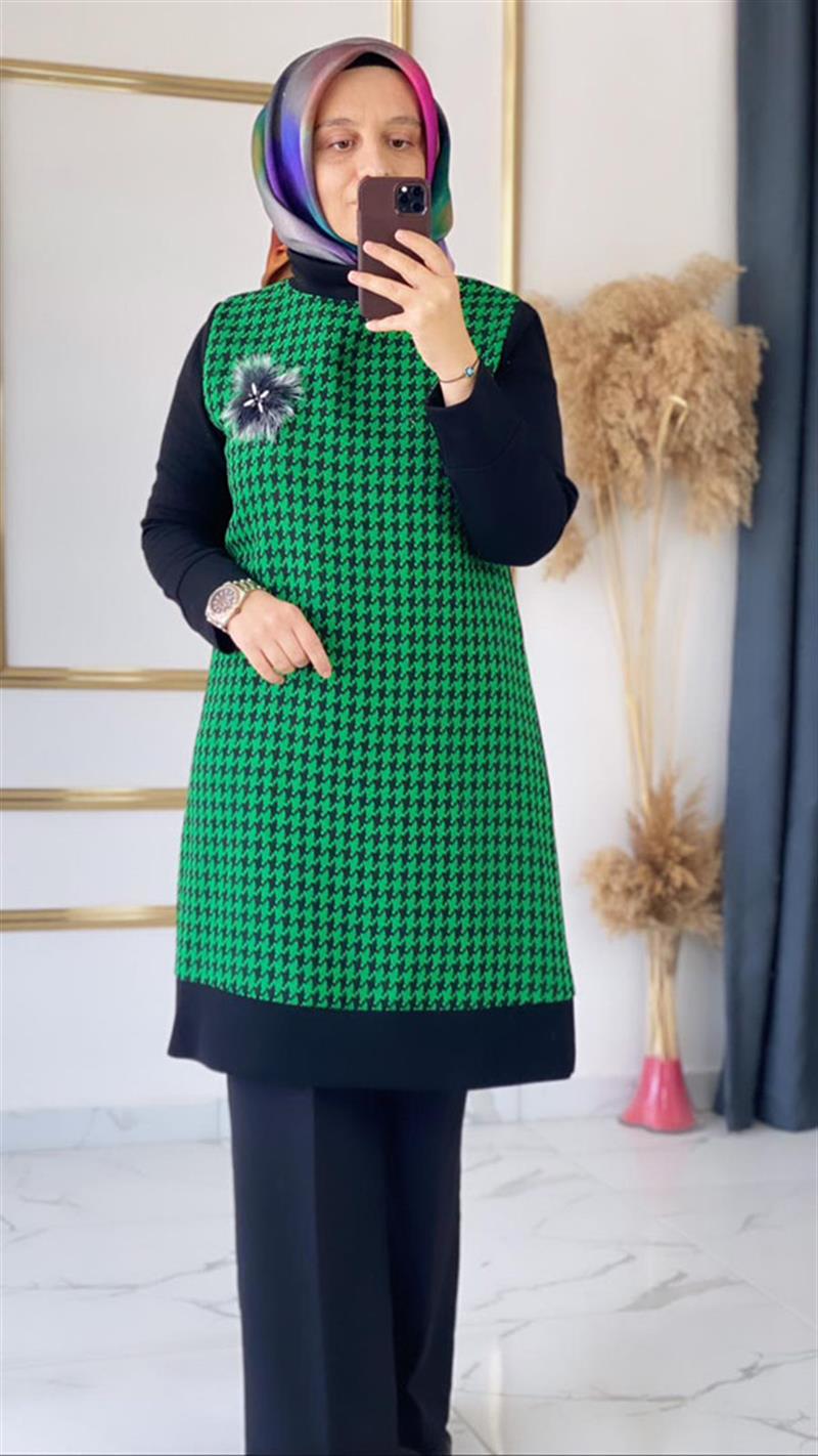Haya Kazayağı Broşlu Yeşil Tunik FRYA1223