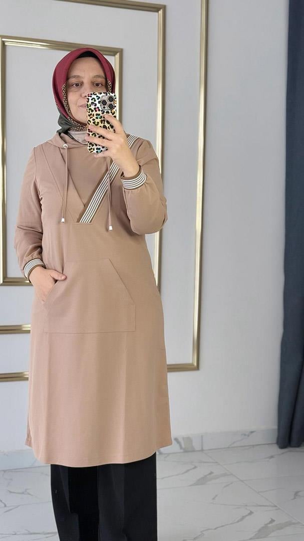 Ribana Kapşonlu Spor Bej Tunik FRY1031
