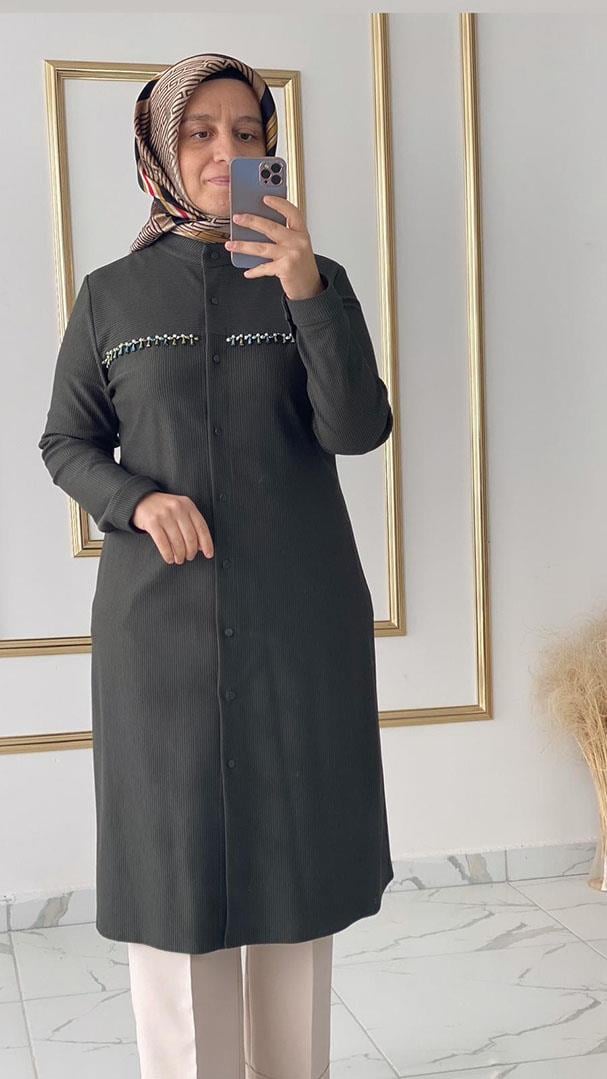 Taş Detaylı Haki Kadife Tunik FRY 
