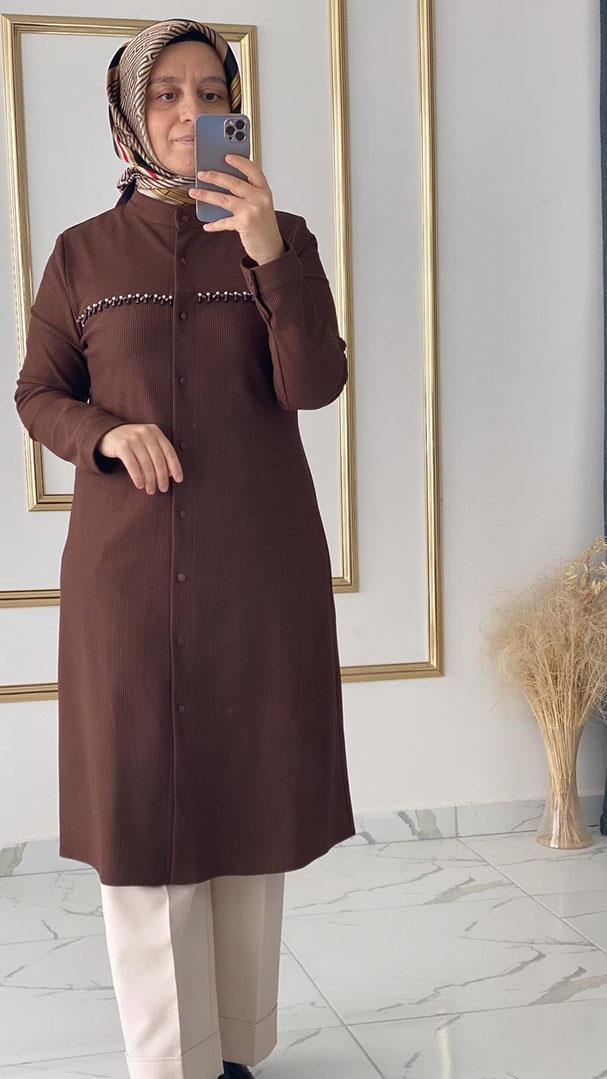Taş Detaylı Kahverengi Kadife Tunik FRY 