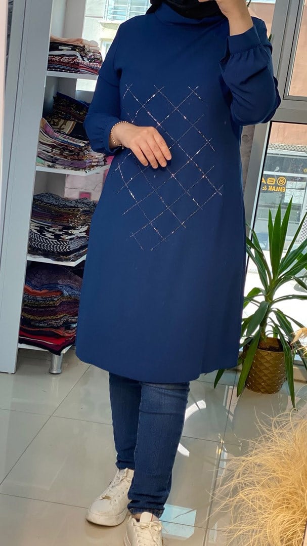 Taş Detaylı Krep Lacivert Tunik FRY