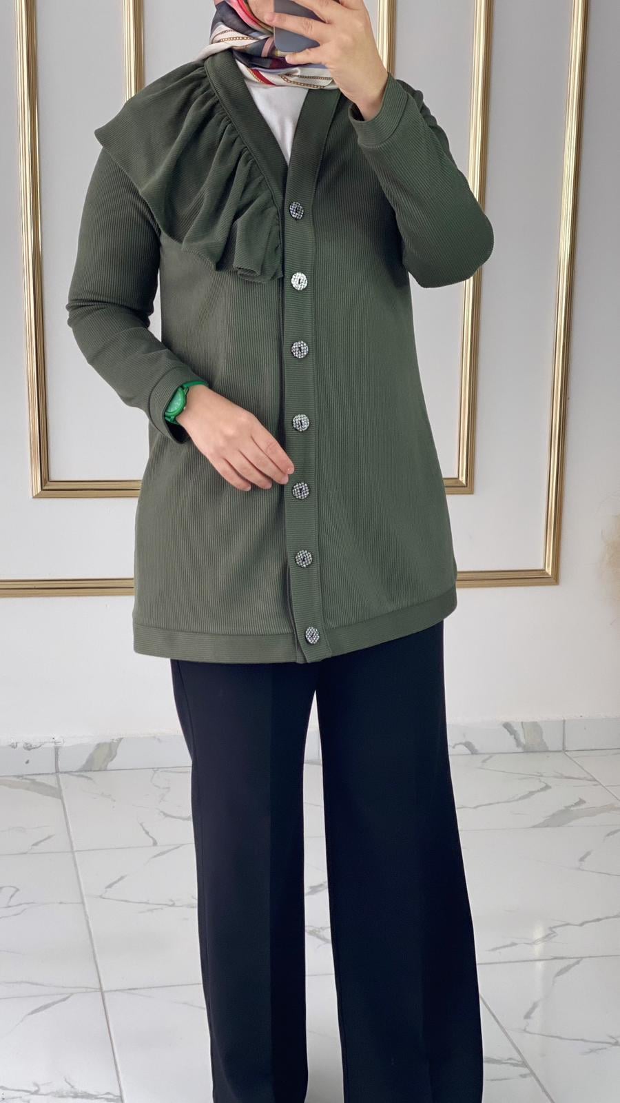 Volanlı Haki Kadife Ceket FRY