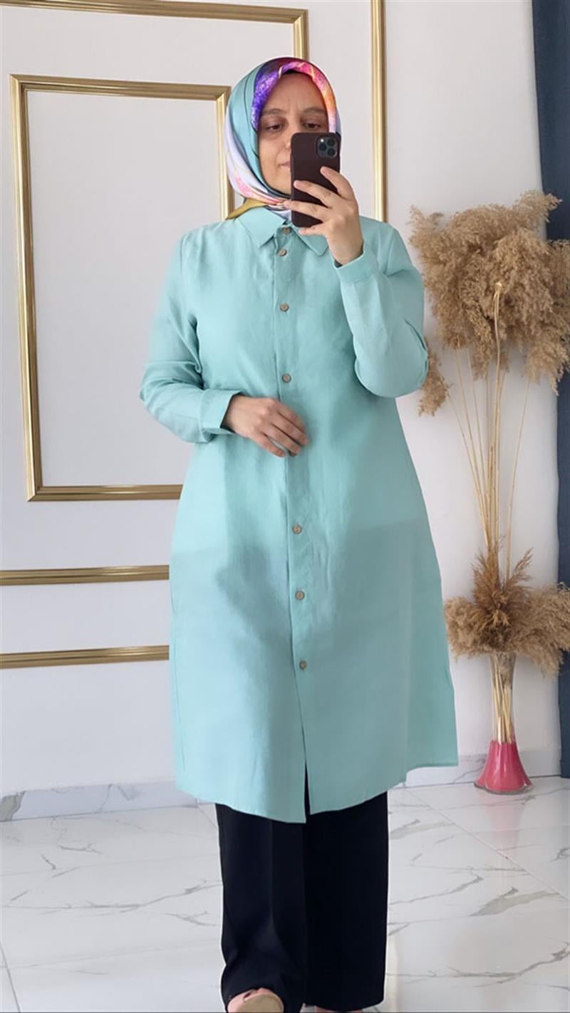 Wonna Düğmeli Keten Suyeşili Tunik FRY2651
