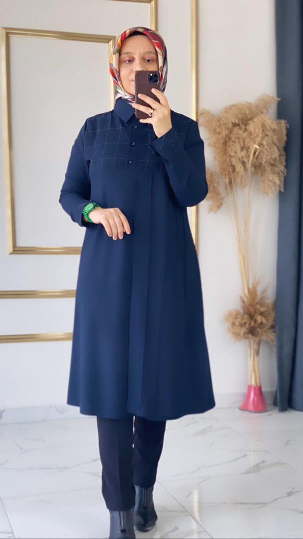 Wonna Ekose Çımalı Lacivert Tunik FRY2782