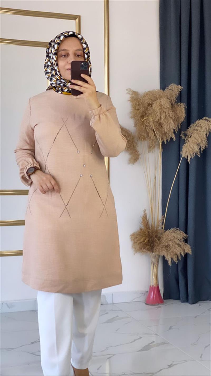 Wonna Keten Taşlı Yazlık Krem Tunik FRY2740