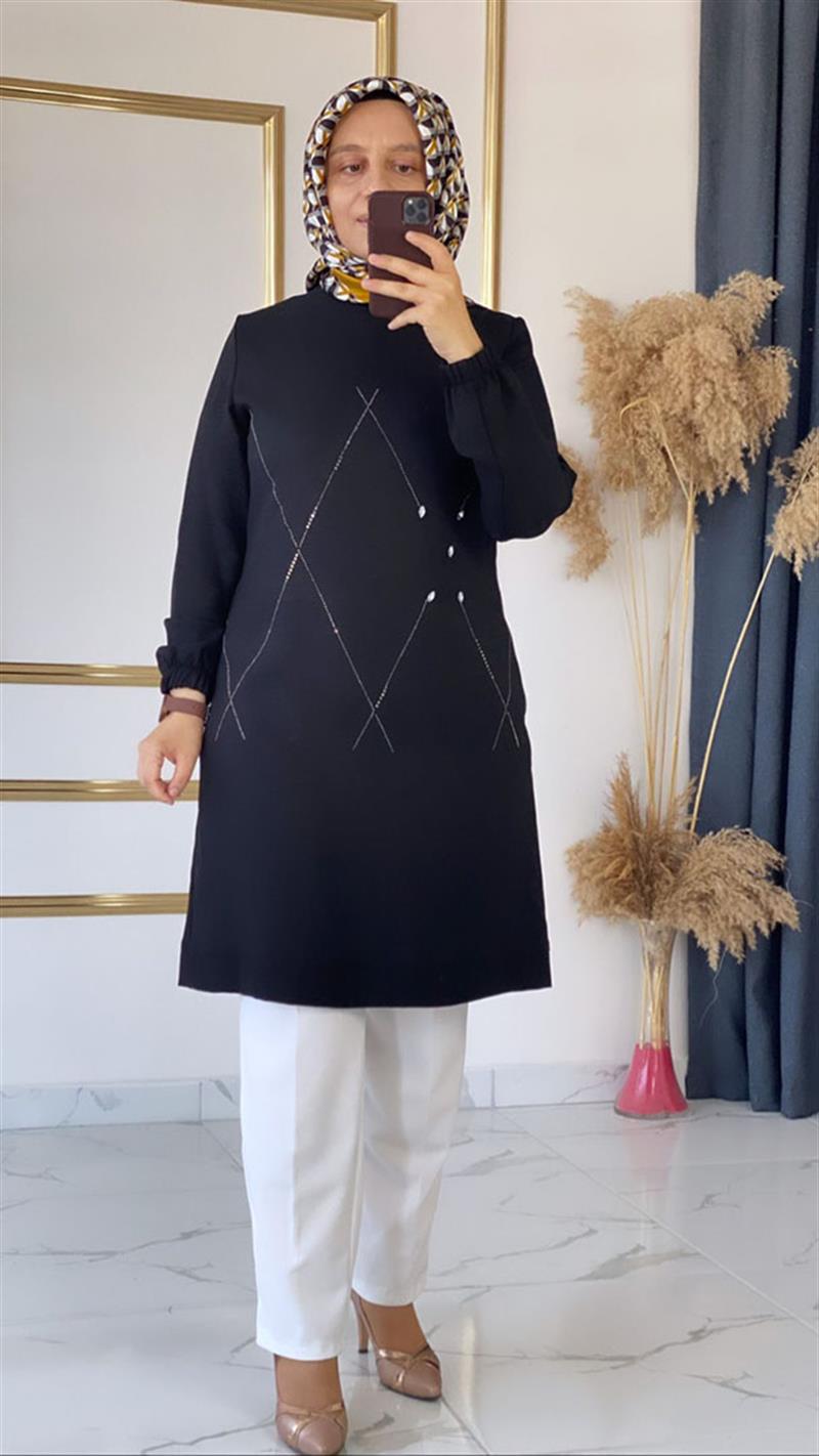 Wonna Keten Taşlı Yazlık Siyah Tunik FRY2740
