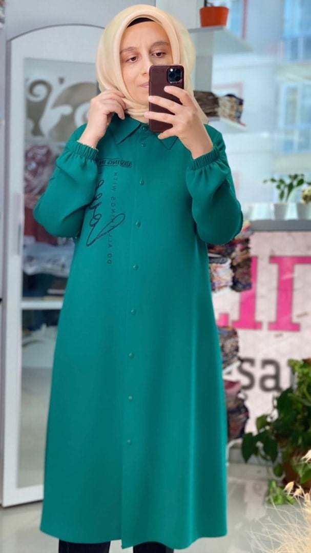 Yazı Detaylı Yeşil Tunik FRY