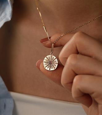 Bordo Taşlı Madalyon Kolye Ucu