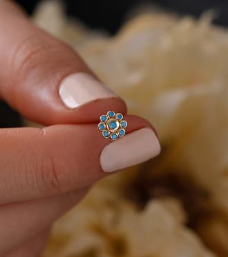 Firuzeli Çiçek Vidalı Küpe