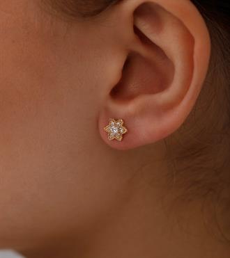 Taşlı Çiçek Altın Küpe