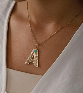 Mavi Kalpli Desenli Harf Kolye Ucu