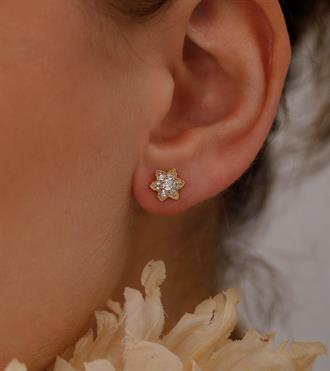 Taşlı Çiçek Altın Küpe