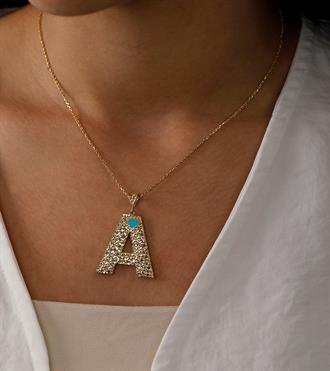 Mavi Kalpli Desenli Harf Kolye Ucu