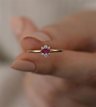 Pembe Taşlı Mini Çiçek Yüzük