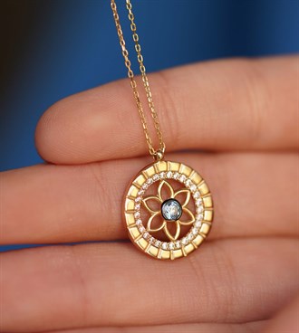 Mavi Taşlı Çiçek Kolye