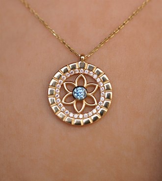 Mavi Taşlı Çiçek Kolye